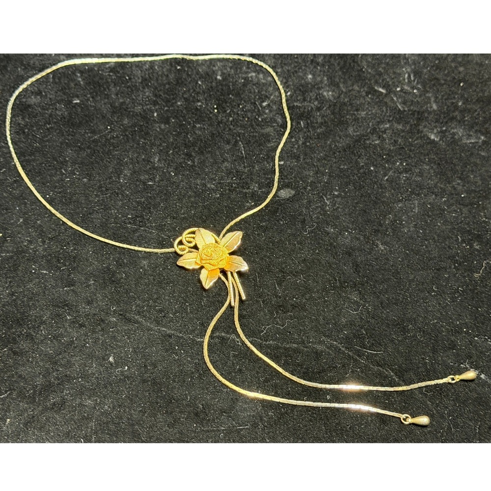 Vintage Gold Tone Floral Rose Bolo Slide Necklace: Adjustable Snake Chain, 14in